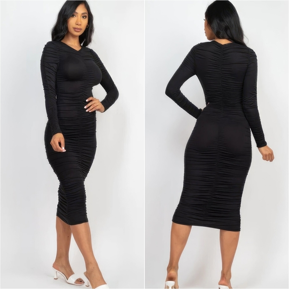 Radiant Ruching Midi Dress - Black - Picture 2 of 15